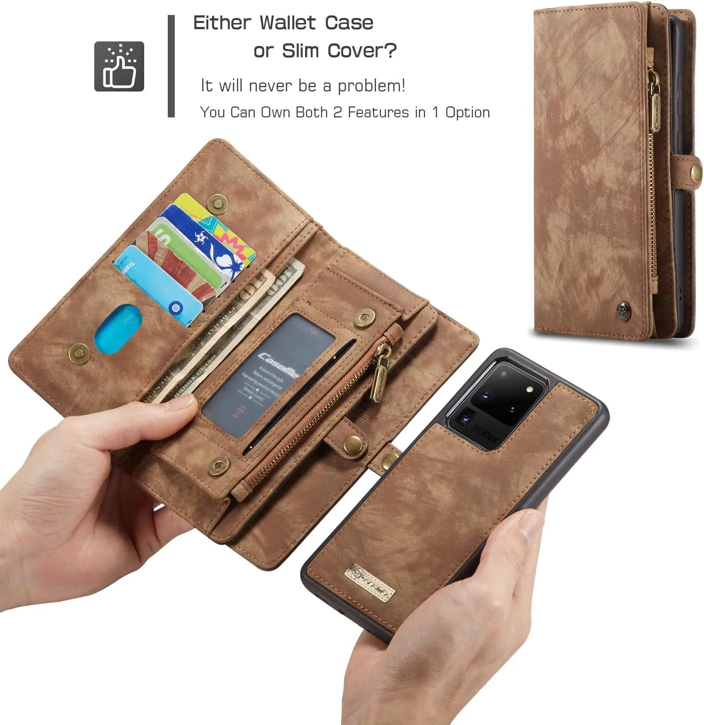 Samsung Galaxy S24 Ultra Wallet Leather Case Detachable Magnetic Zipper Flip Case 11 Card Slots Holder Wrist Strap Handle Shockproof Cover Pocket Wallet Handbag for S24 Ultra (Brown)