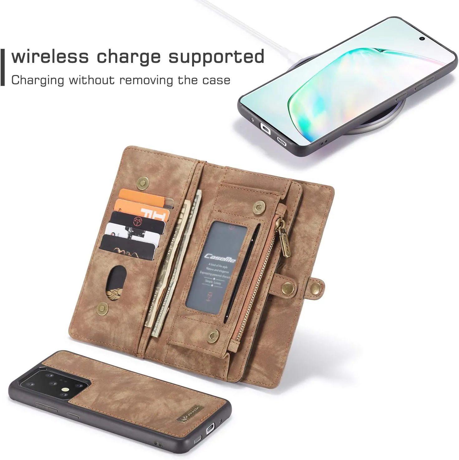 Samsung Galaxy S24 Ultra Wallet Leather Case Detachable Magnetic Zipper Flip Case 11 Card Slots Holder Wrist Strap Handle Shockproof Cover Pocket Wallet Handbag for S24 Ultra (Brown)