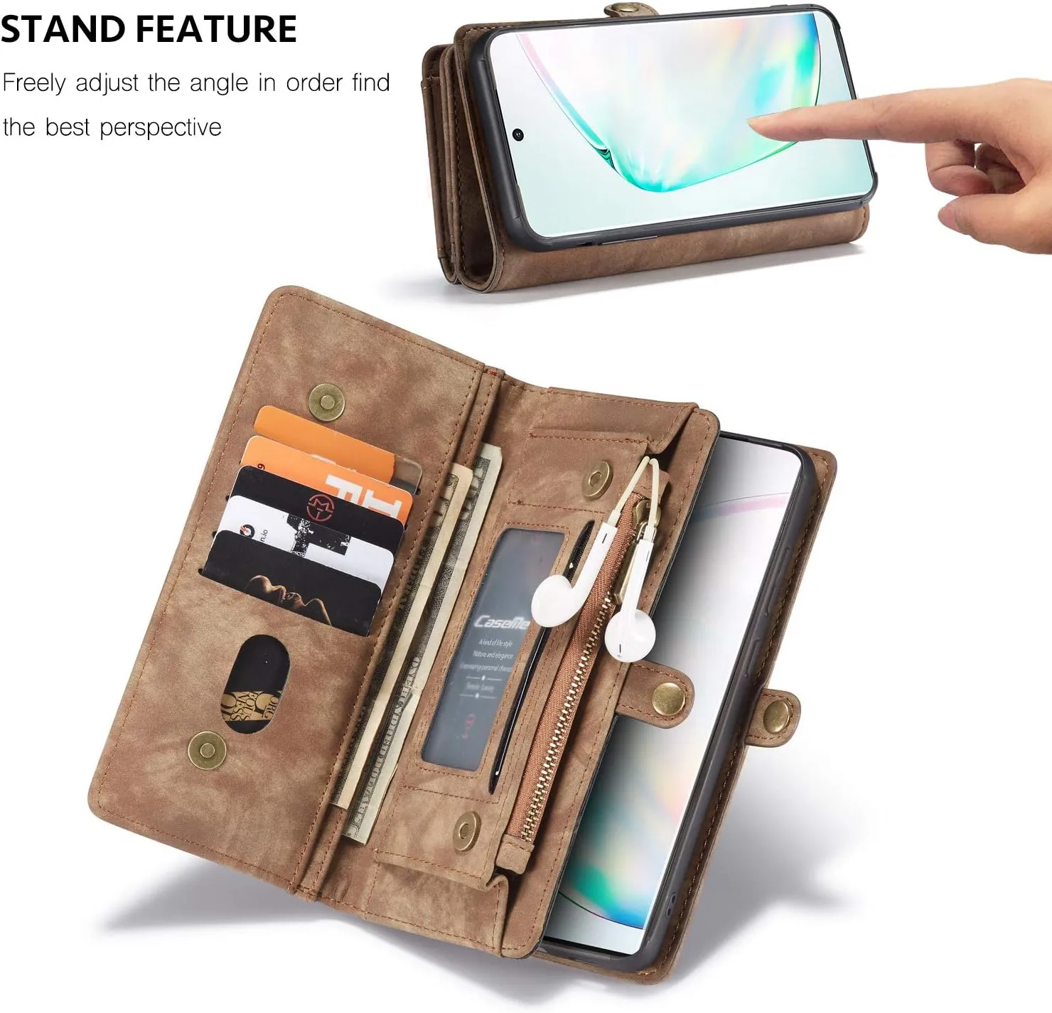 Samsung Galaxy S24 Ultra Wallet Leather Case Detachable Magnetic Zipper Flip Case 11 Card Slots Holder Wrist Strap Handle Shockproof Cover Pocket Wallet Handbag for S24 Ultra (Brown)