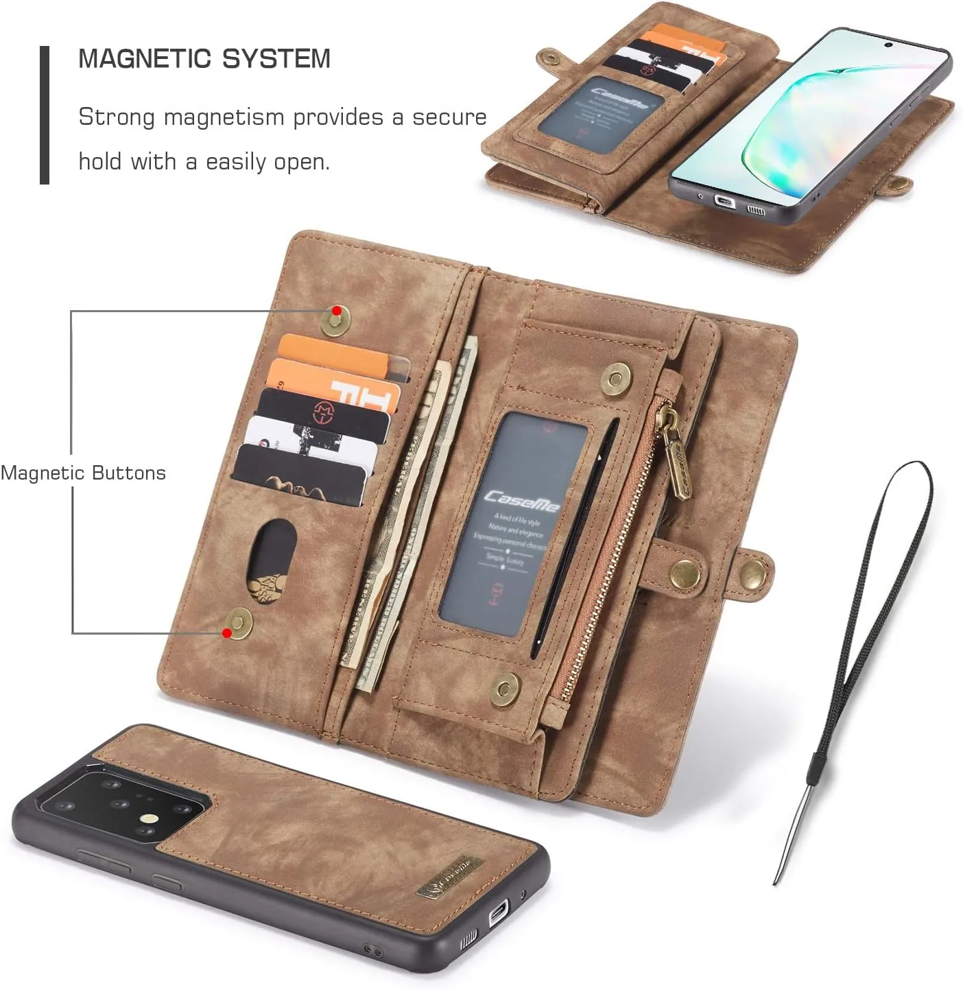 Samsung Galaxy S24 Ultra Wallet Leather Case Detachable Magnetic Zipper Flip Case 11 Card Slots Holder Wrist Strap Handle Shockproof Cover Pocket Wallet Handbag for S24 Ultra (Brown)