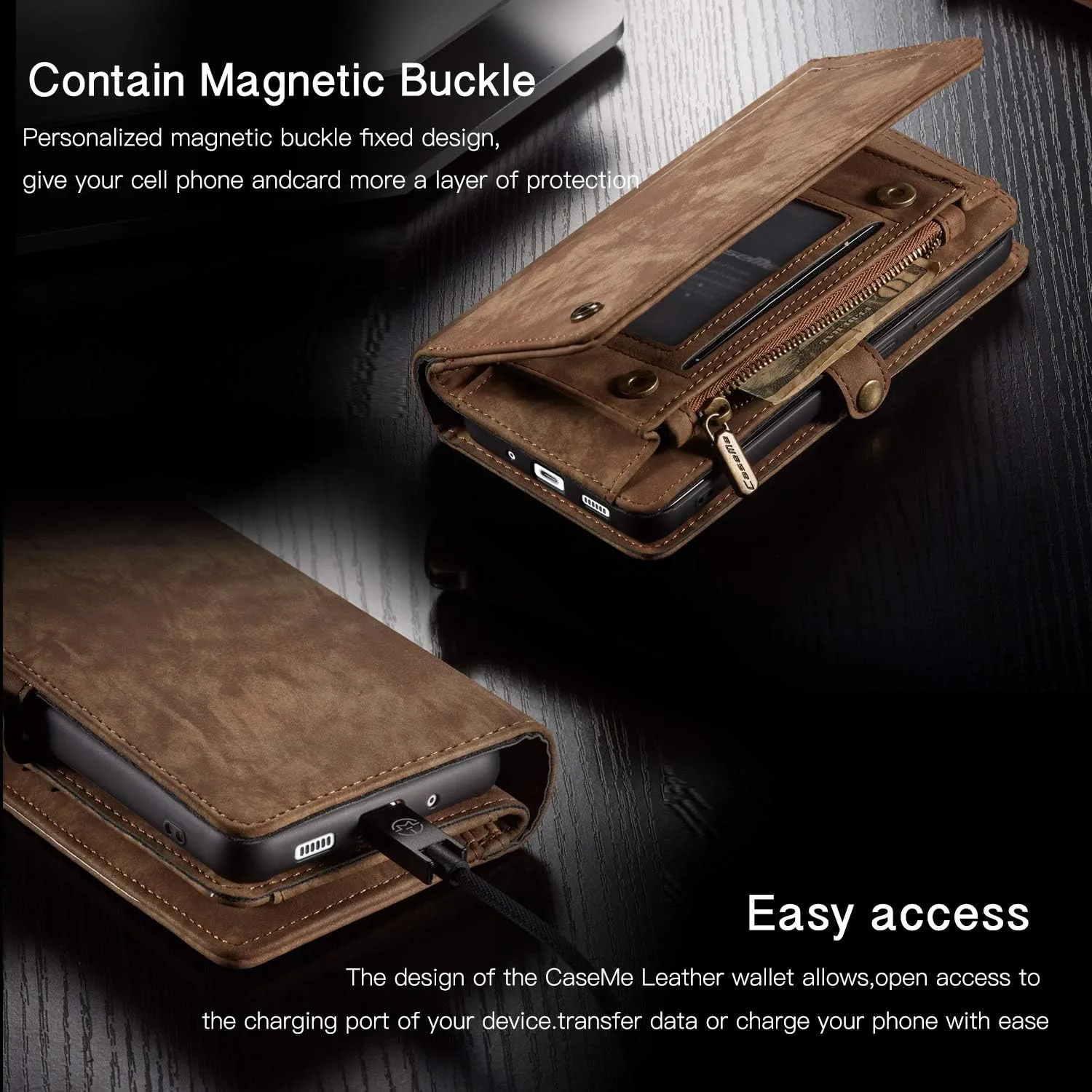 Samsung Galaxy S24 Ultra Wallet Leather Case Detachable Magnetic Zipper Flip Case 11 Card Slots Holder Wrist Strap Handle Shockproof Cover Pocket Wallet Handbag for S24 Ultra (Brown)