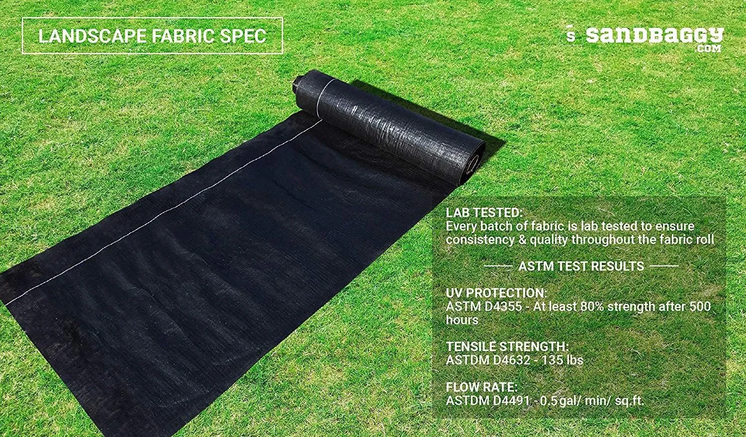 Sandbaggy Landscape Fabric | 40 Year Fabric | Weed Mat, Ground Cover, Garden Tarp | Industrial Grade | 135 Lbs of Tensile Strength | UV Protected | Approved by DOT (3 ft x 300 ft Roll)
