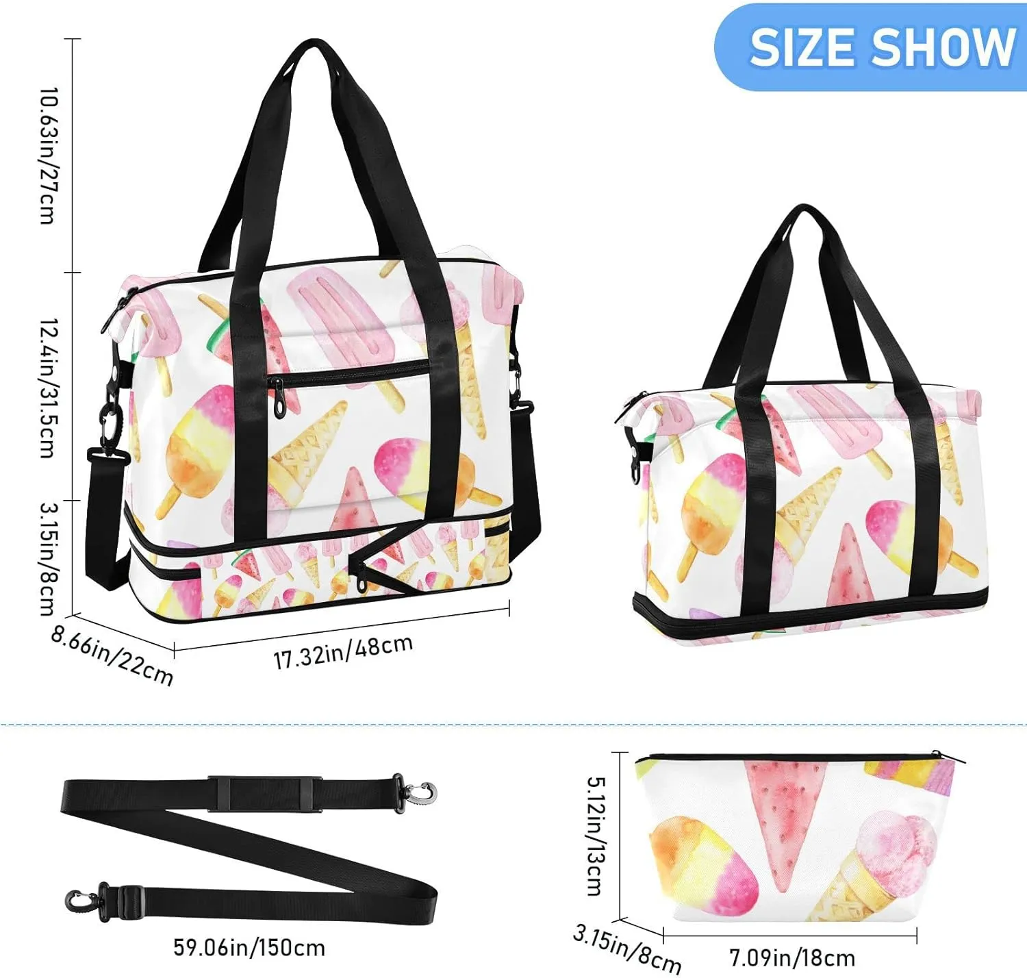 Seamless Watercolor Pink Yellow Red Fruit Ice cream Sticks Gym Duffel Bag, Polyester Travel Weekender Luggage Handbag with Waterproof Pocket for Wet Items, Unisex Foldable Tote for Sports