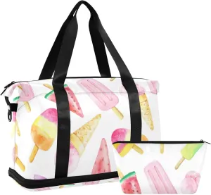 Seamless Watercolor Pink Yellow Red Fruit Ice cream Sticks Gym Duffel Bag, Polyester Travel Weekender Luggage Handbag with Waterproof Pocket for Wet Items, Unisex Foldable Tote for Sports