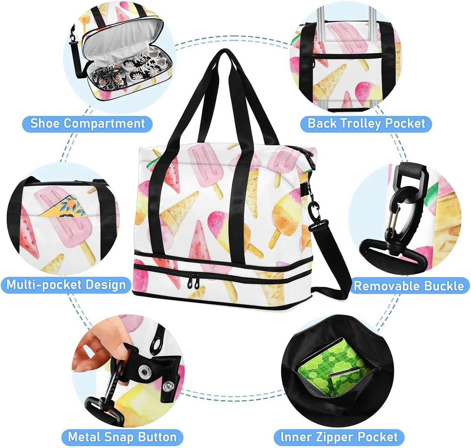 Seamless Watercolor Pink Yellow Red Fruit Ice cream Sticks Gym Duffel Bag, Polyester Travel Weekender Luggage Handbag with Waterproof Pocket for Wet Items, Unisex Foldable Tote for Sports