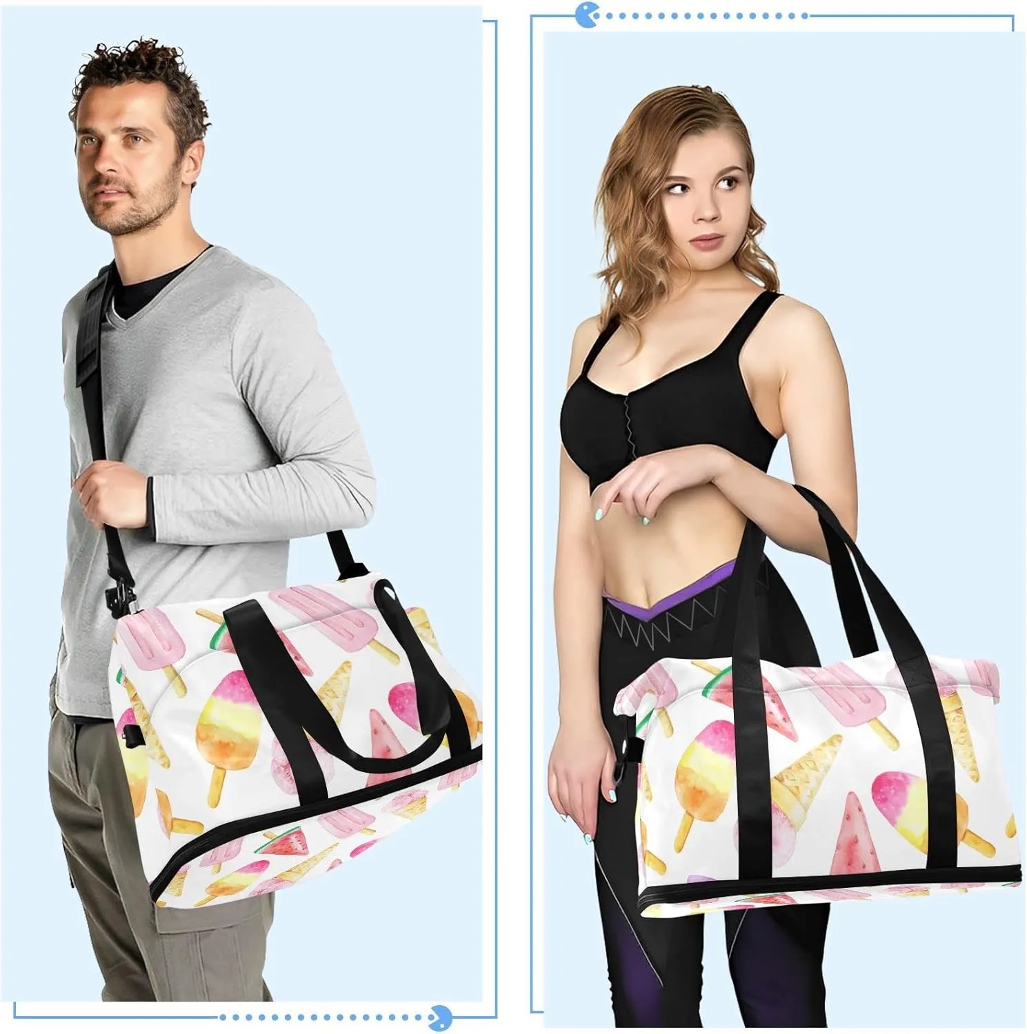 Seamless Watercolor Pink Yellow Red Fruit Ice cream Sticks Gym Duffel Bag, Polyester Travel Weekender Luggage Handbag with Waterproof Pocket for Wet Items, Unisex Foldable Tote for Sports