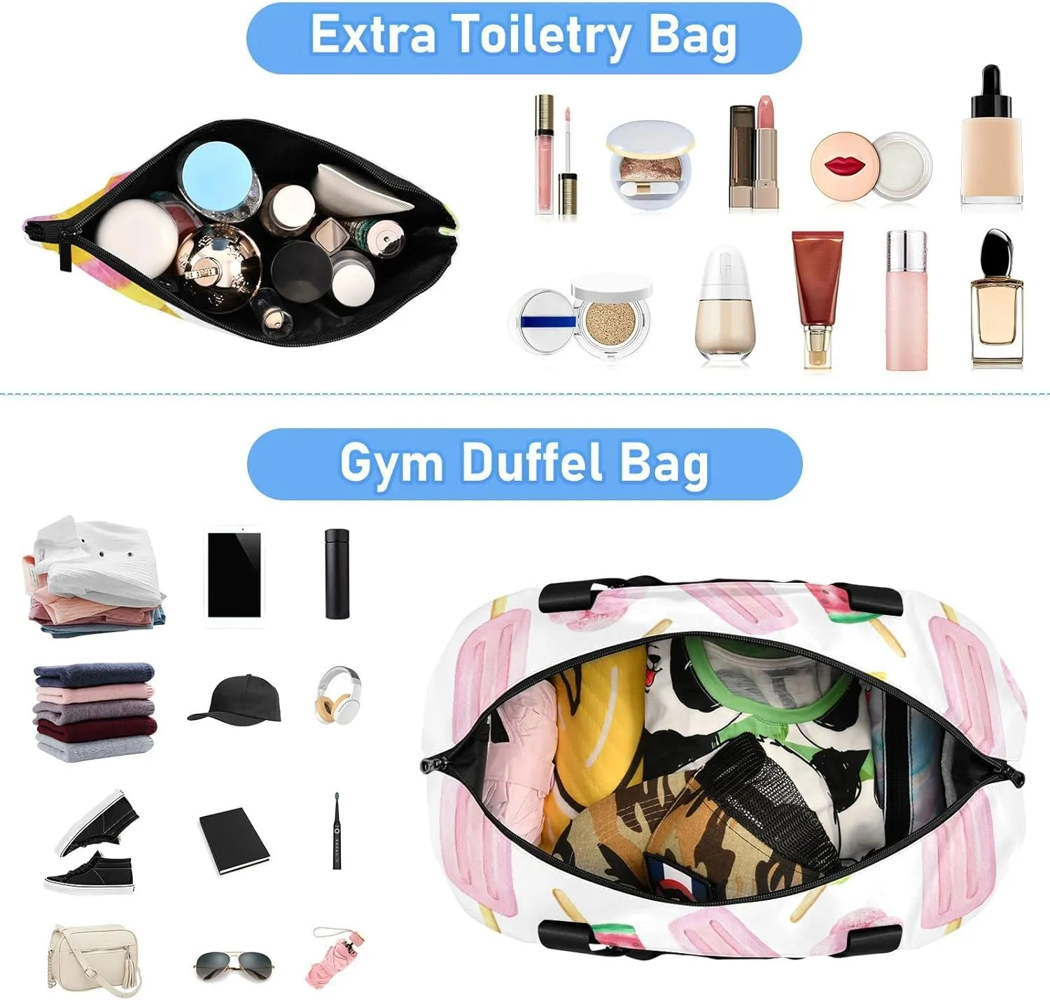 Seamless Watercolor Pink Yellow Red Fruit Ice cream Sticks Gym Duffel Bag, Polyester Travel Weekender Luggage Handbag with Waterproof Pocket for Wet Items, Unisex Foldable Tote for Sports