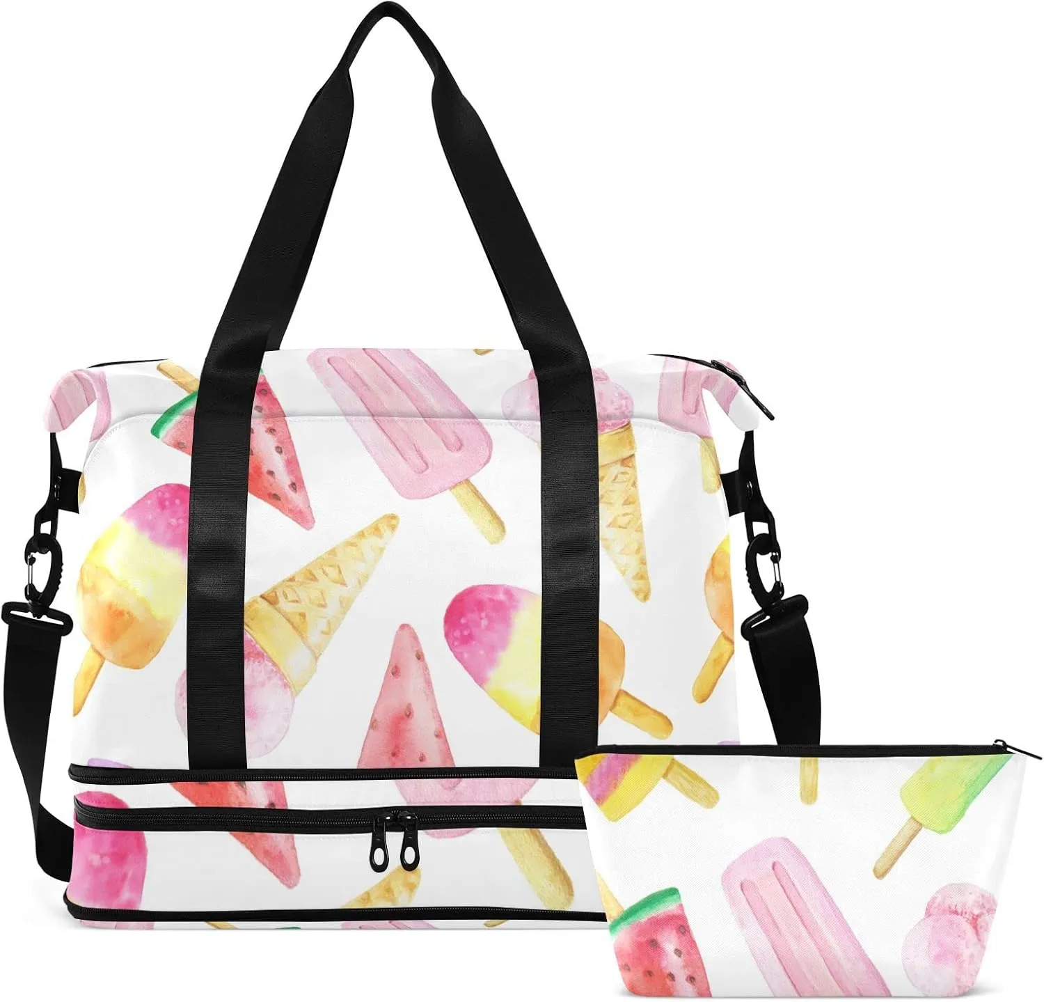 Seamless Watercolor Pink Yellow Red Fruit Ice cream Sticks Gym Duffel Bag, Polyester Travel Weekender Luggage Handbag with Waterproof Pocket for Wet Items, Unisex Foldable Tote for Sports