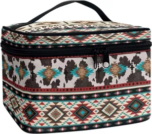 SEANATIVE Aztec Cow Print Travel Makeup Case for Women Colorful Floral Large Cosmetic Bag Organizer Lightweight Portable Storage Pouch