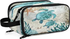 senya Vintage Ocean Sea Turtle Starfish Map Toiletry Bag Cosmetic Makeup Bag Organizer, Large Travel Bag for Women Men Toiletries Accessories Brushes Tools