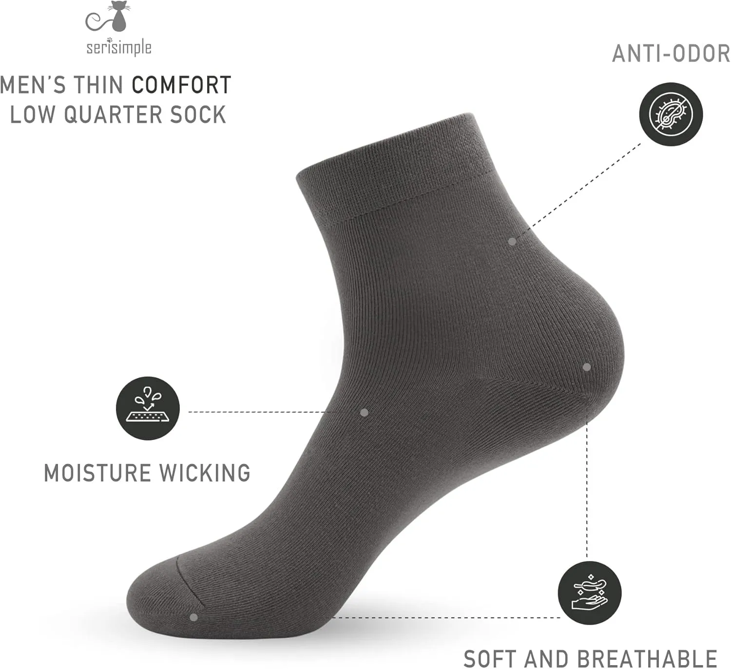 SERISIMPLE Viscose Bamboo Men's Breathable Quarter Thin Ankle High Socks - Comfort Cool Soft 5 Pairs