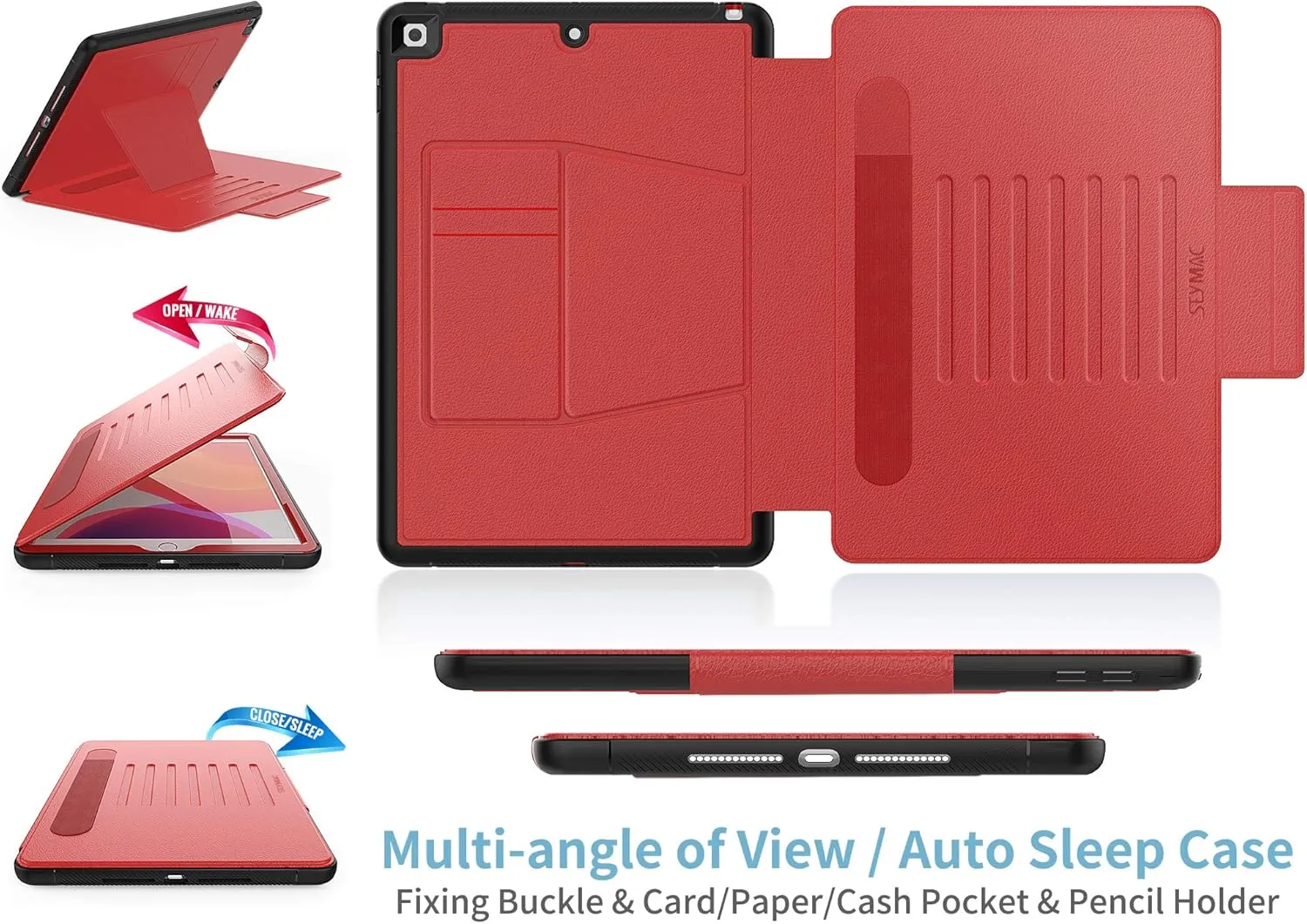 SEYMAC stock Case for iPad 9th/8th/7th Generation 10.2'', Strong Magnetic Auto Sleep Shockproof Case with Absorbing Multi-Angles Stand, Pen Holder, Card Slot (Red)