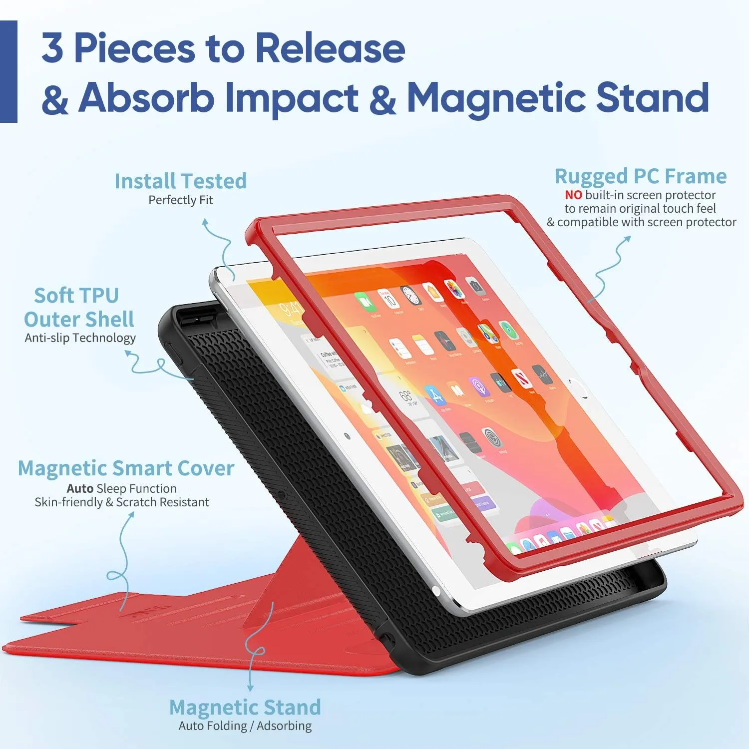 SEYMAC stock Case for iPad 9th/8th/7th Generation 10.2'', Strong Magnetic Auto Sleep Shockproof Case with Absorbing Multi-Angles Stand, Pen Holder, Card Slot (Red)