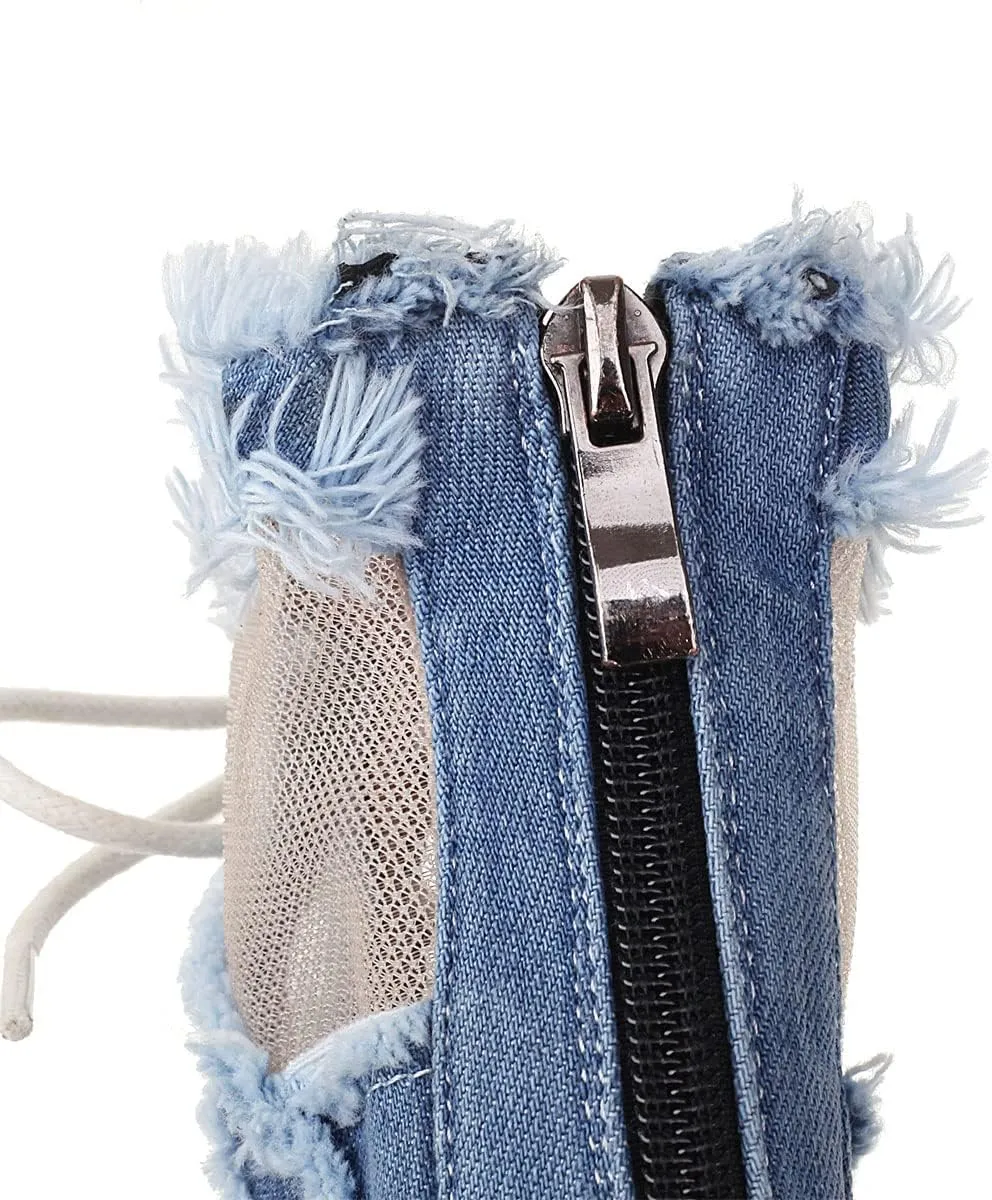 SHEMEE Women's Denim Patchwork Mesh Peep Toe High Heels Sandals Booties Lace Up Summer Open-toe Back Zipper Short Ankle Boots