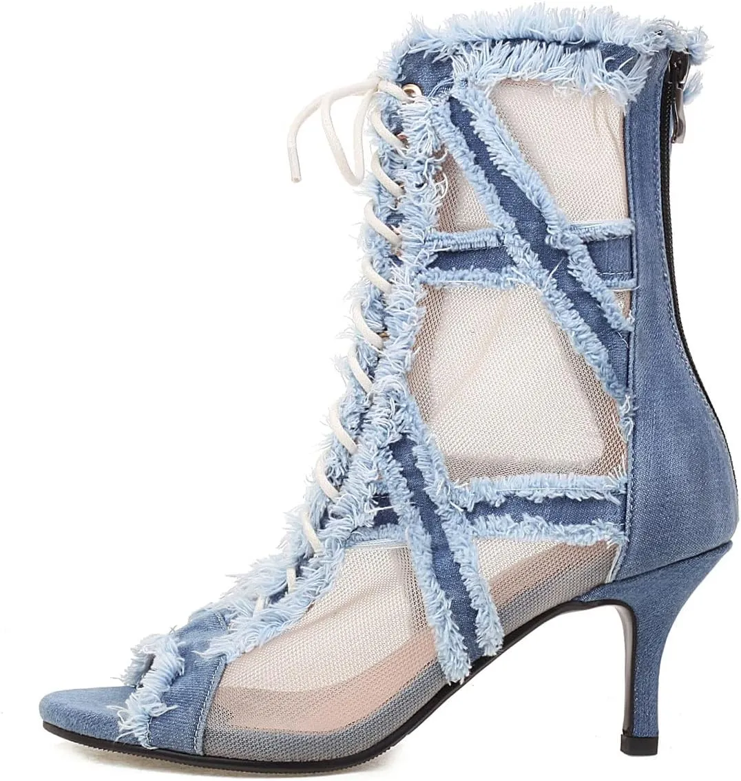 SHEMEE Women's Denim Patchwork Mesh Peep Toe High Heels Sandals Booties Lace Up Summer Open-toe Back Zipper Short Ankle Boots