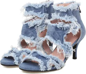 SHEMEE Women's Denim Patchwork Mesh Peep Toe High Heels Sandals Booties Lace Up Summer Open-toe Back Zipper Short Ankle Boots