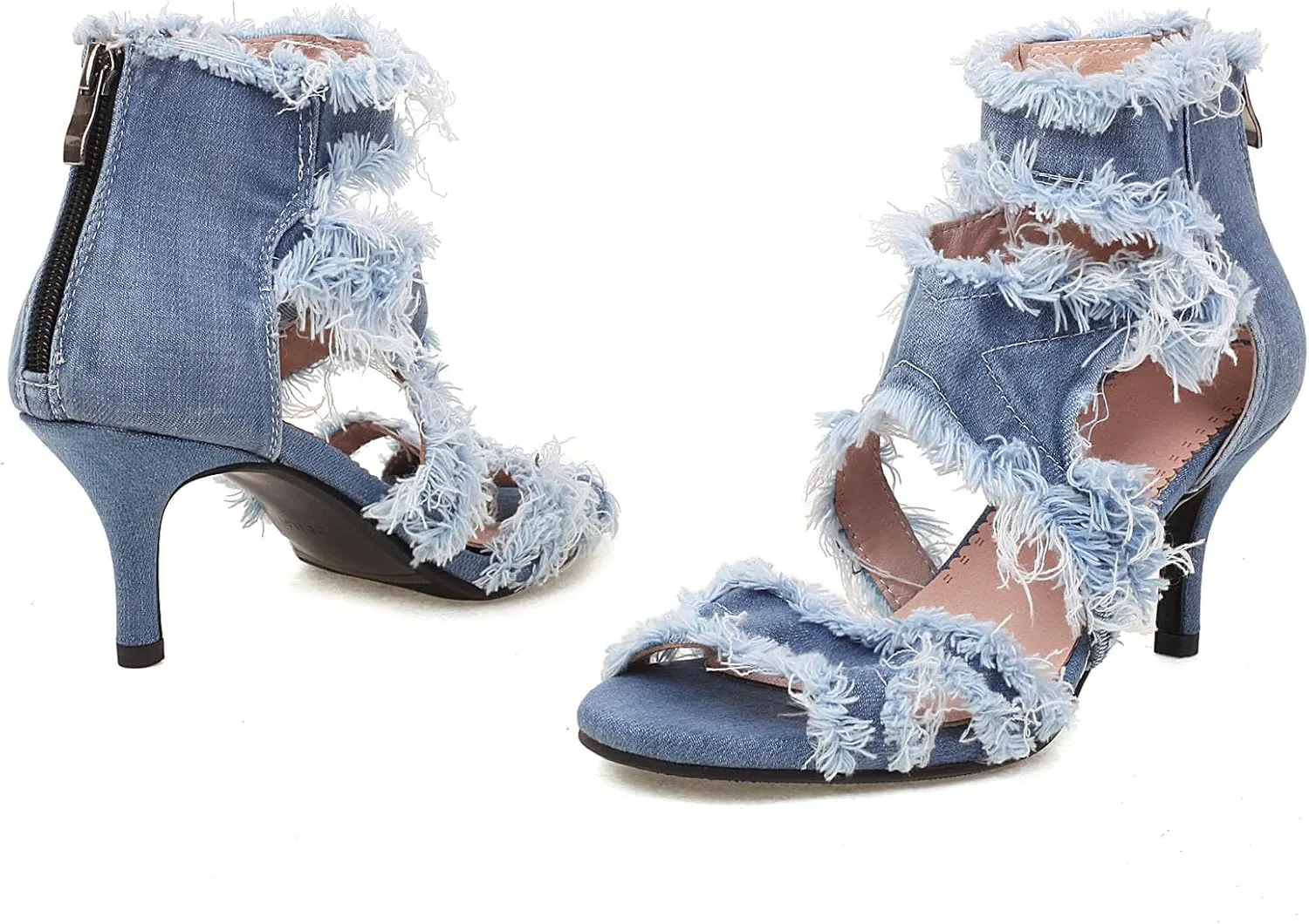 SHEMEE Women's Denim Patchwork Mesh Peep Toe High Heels Sandals Booties Lace Up Summer Open-toe Back Zipper Short Ankle Boots