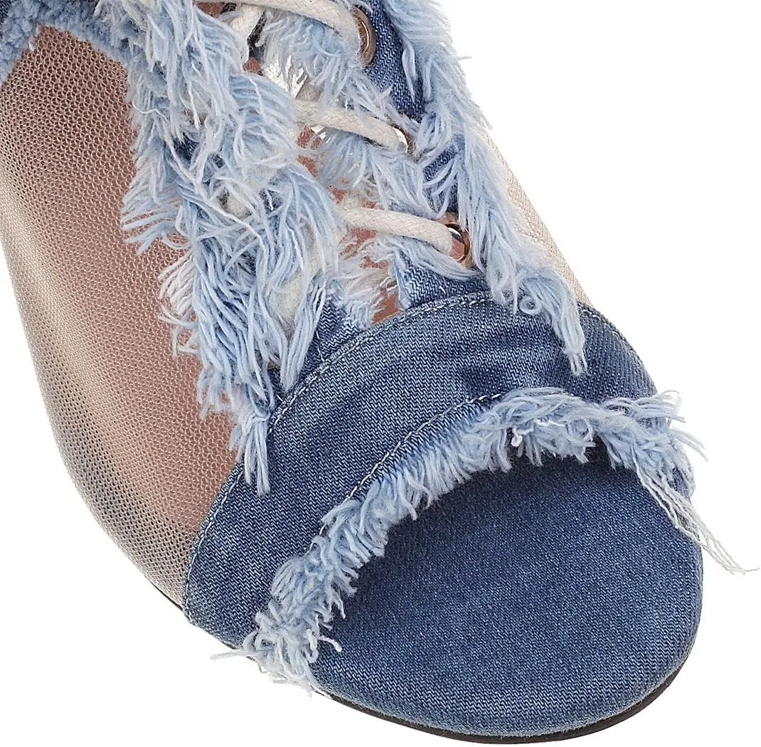 SHEMEE Women's Denim Patchwork Mesh Peep Toe High Heels Sandals Booties Lace Up Summer Open-toe Back Zipper Short Ankle Boots
