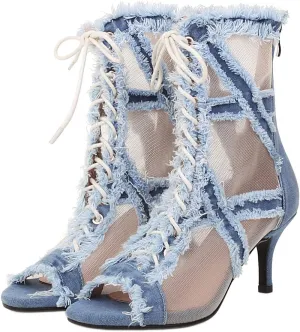 SHEMEE Women's Denim Patchwork Mesh Peep Toe High Heels Sandals Booties Lace Up Summer Open-toe Back Zipper Short Ankle Boots