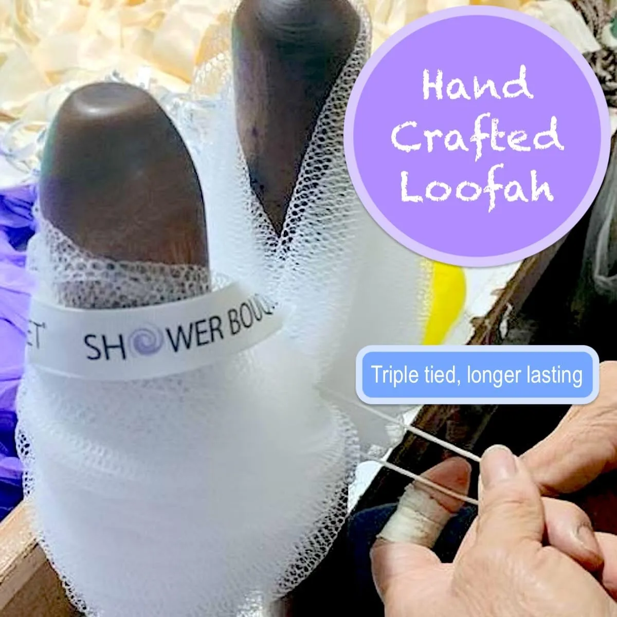 SHOWER BOUQUET 2-Sided-Loofah-Back-Scrubber & Bath-Sponge Set // 1-Long-Handle-Back-Brush Plus 2-Extra-Large 75g Soft Mesh Poufs, Men & Women - Exfoliate with Full Pure Cleanse in Bathing Accessories