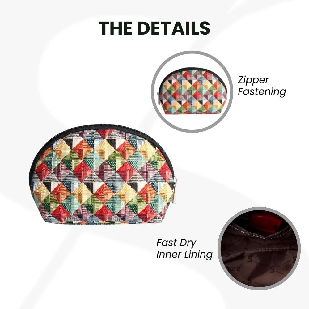 Signare Tapestry Cosmetic Bag Toiletry Makeup Bag for Women With Multicolor Triangles Design (COSM-MTRI)