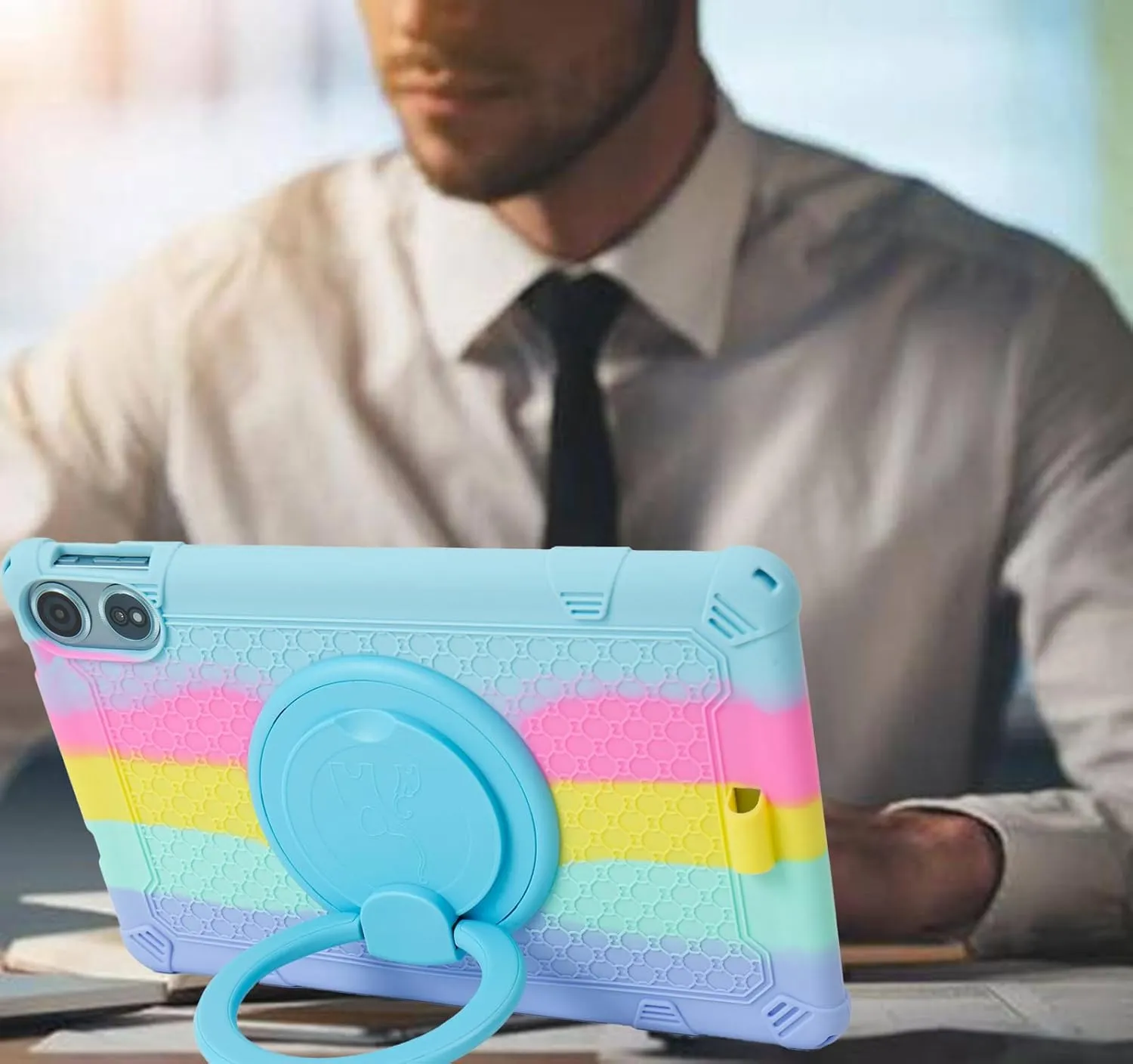 Silicone Tablet Case with 360 Rotating Kickstand/Handle and Detachable Shoulder Strap Shockproof Cover Compatible with Teclast T60 Plus 12 inch Rainbow
