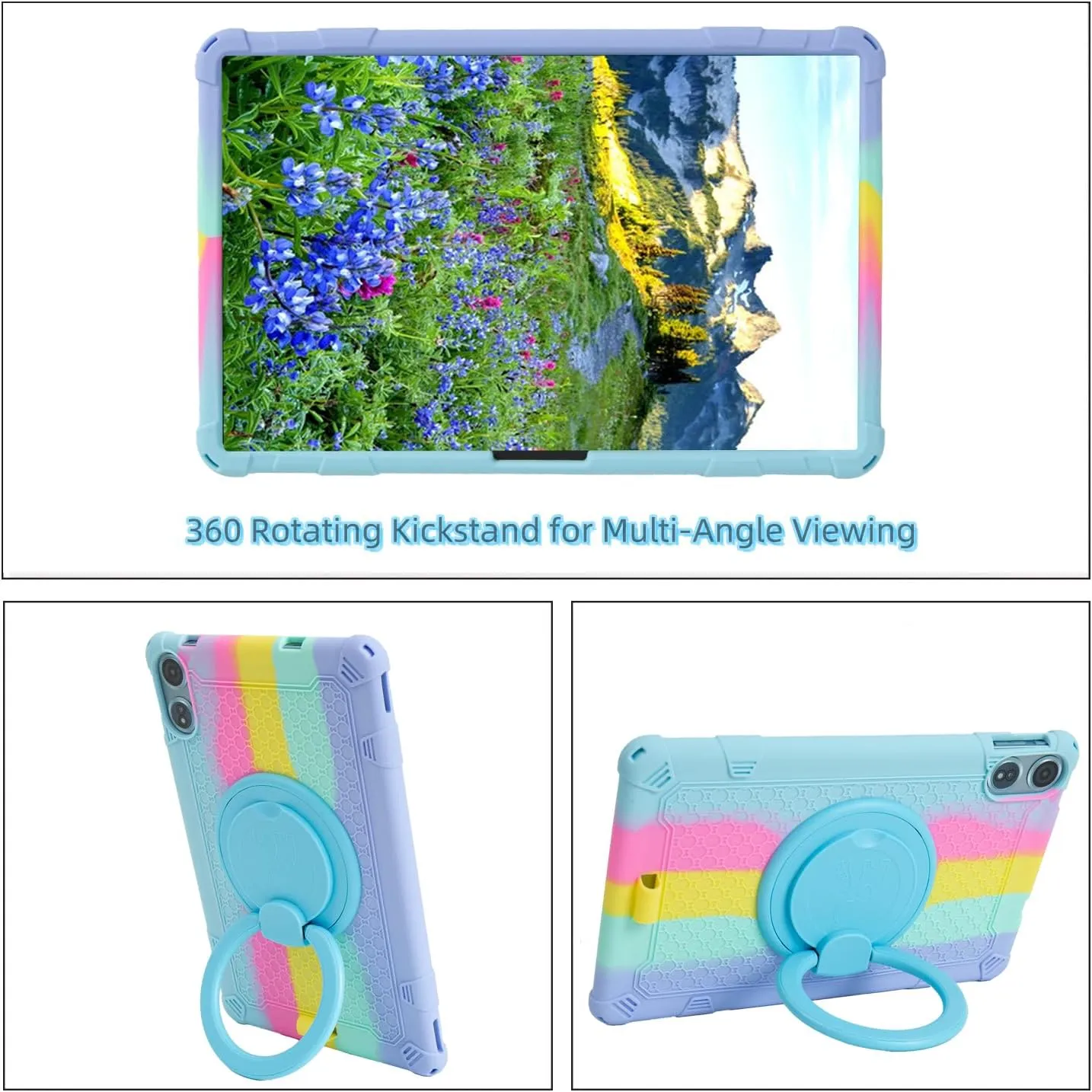 Silicone Tablet Case with 360 Rotating Kickstand/Handle and Detachable Shoulder Strap Shockproof Cover Compatible with Teclast T60 Plus 12 inch Rainbow