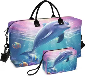Sinestour Dolphin Sunlight Ocean Travel Duffel Bag for Men Women with Makeup Bag Weekend Overnight Carry On Bags for Traveling Gym Workout