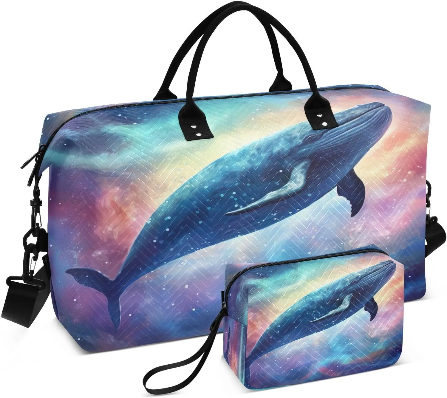 Sinestour Galaxy Cosmic Sea Whale Travel Duffel Bag for Men Women with Makeup Bag Weekend Overnight Carry On Bags for Traveling Gym Workout
