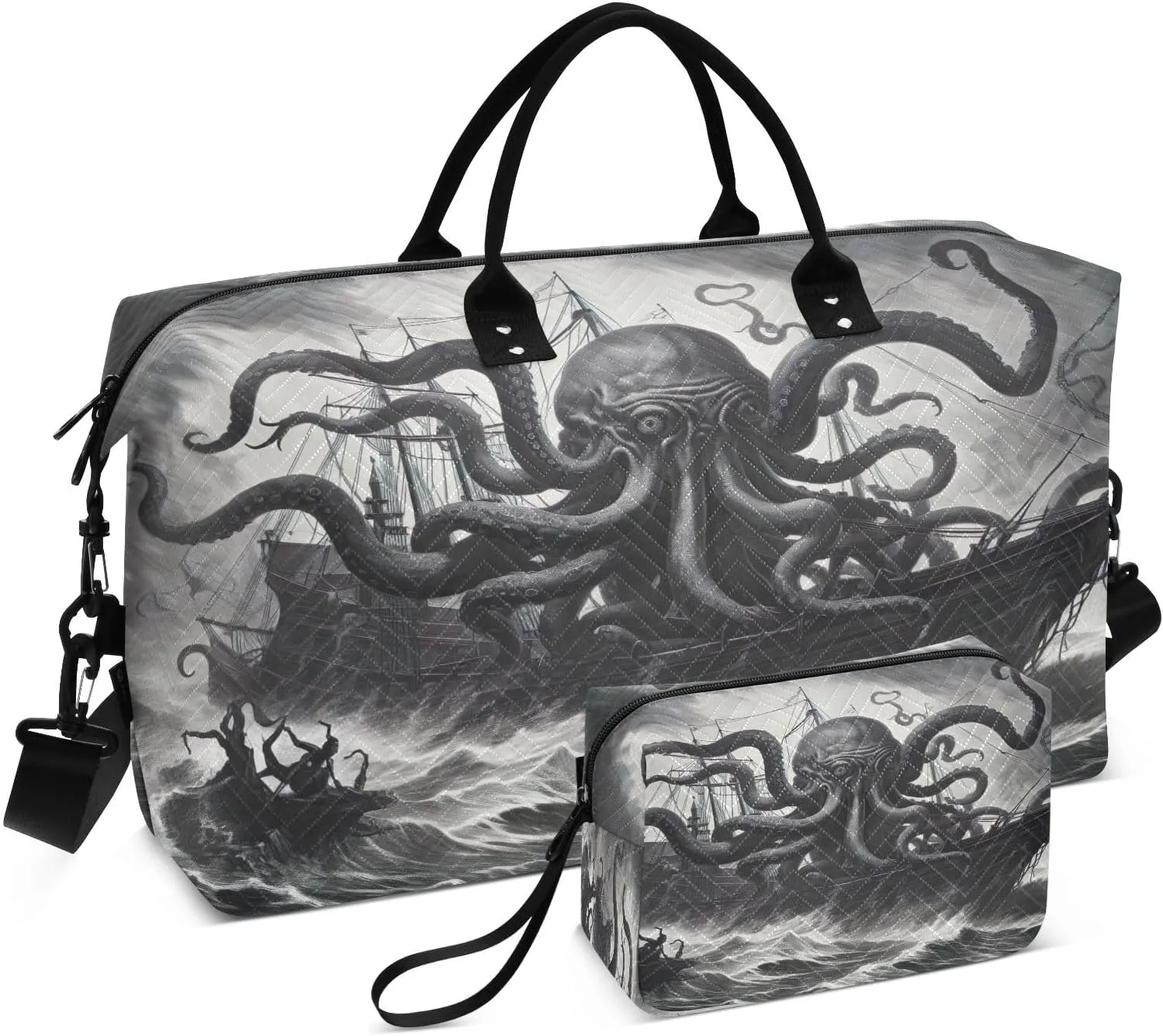 Sinestour Ship Octopus Stormy Black Travel Duffel Bag for Men Women with Makeup Bag Weekend Overnight Carry On Bags for Yoga Travel Gym
