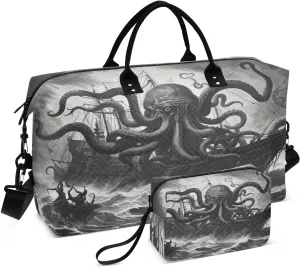 Sinestour Ship Octopus Stormy Black Travel Duffel Bag for Men Women with Makeup Bag Weekend Overnight Carry On Bags for Yoga Travel Gym