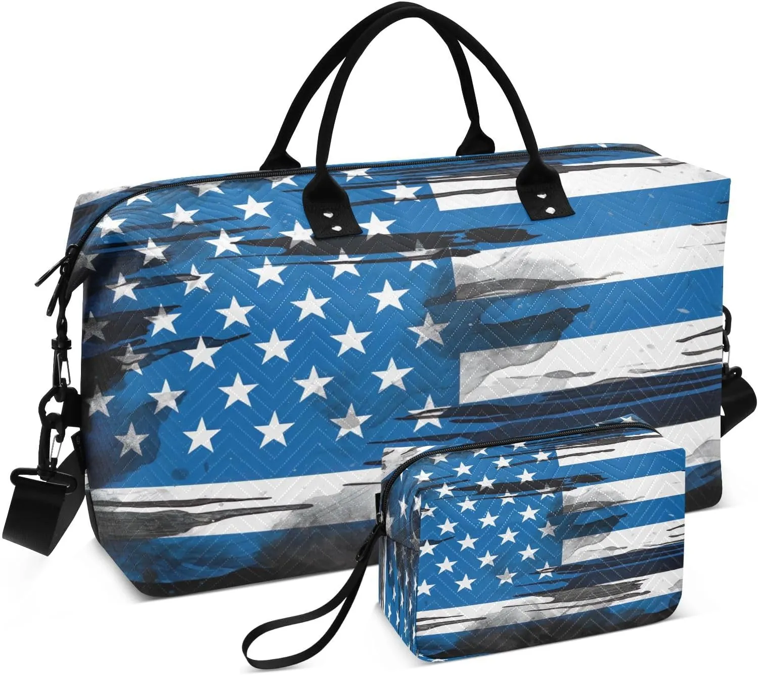 Sinestour Vintage Usa Flag July 4th Black Travel Duffel Bag for Men Women with Makeup Bag Weekend Overnight Carry On Bags for Airline Travel Under Seat