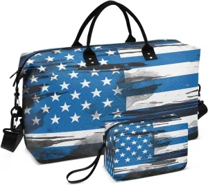 Sinestour Vintage Usa Flag July 4th Black Travel Duffel Bag for Men Women with Makeup Bag Weekend Overnight Carry On Bags for Airline Travel Under Seat