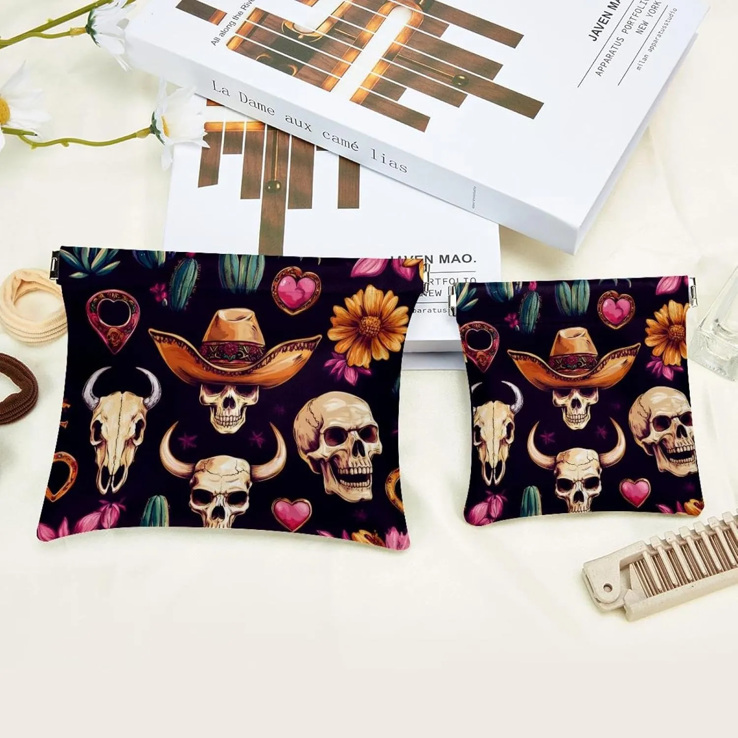 Skull in Mexican Hat Wild West Cactus Horseshoe Heart Pocket Cosmetic Bag, Waterproof Squeeze Makeup Bag No Zipper Self-Closing, Portable Mini Travel Storage for Headphones Jewelry