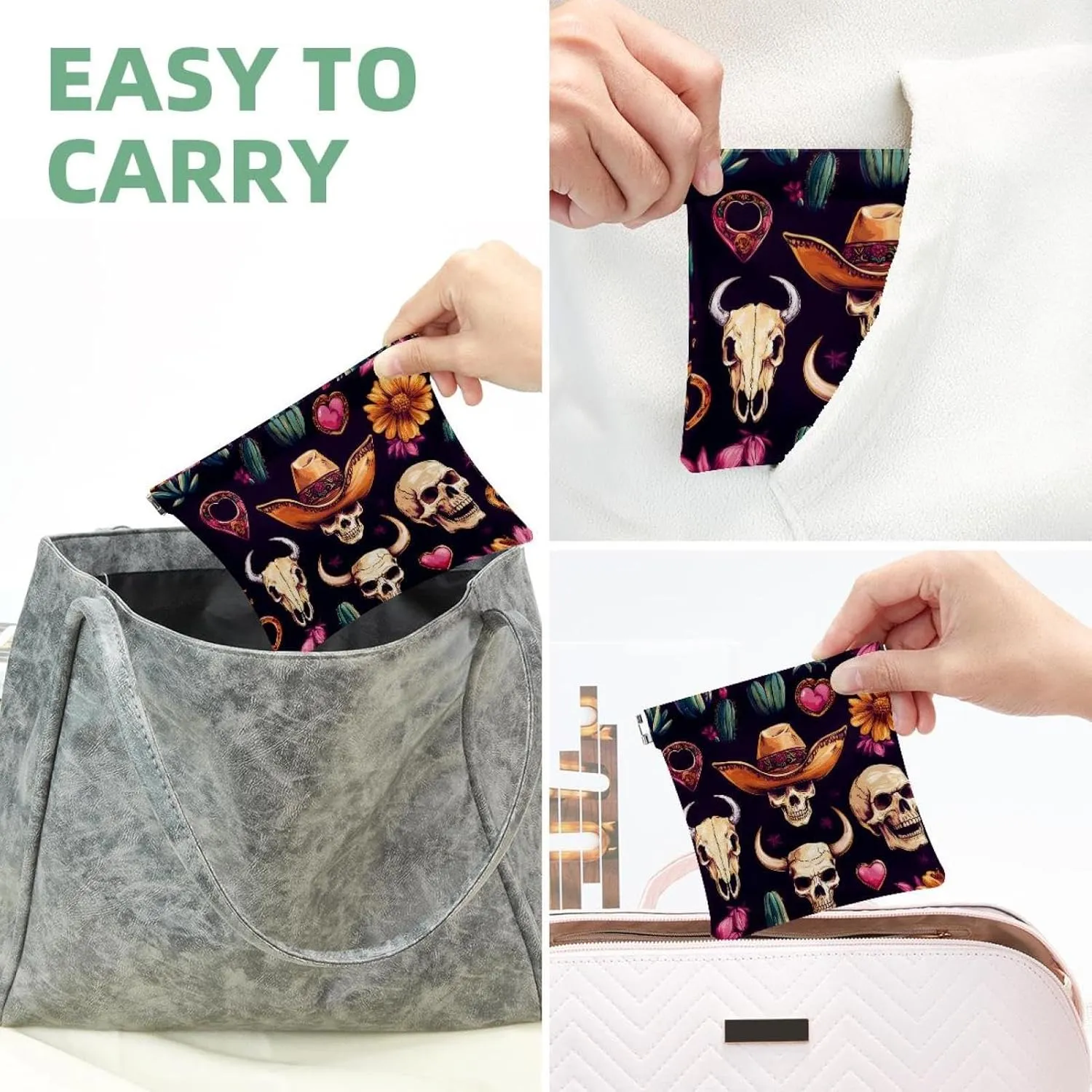 Skull in Mexican Hat Wild West Cactus Horseshoe Heart Pocket Cosmetic Bag, Waterproof Squeeze Makeup Bag No Zipper Self-Closing, Portable Mini Travel Storage for Headphones Jewelry