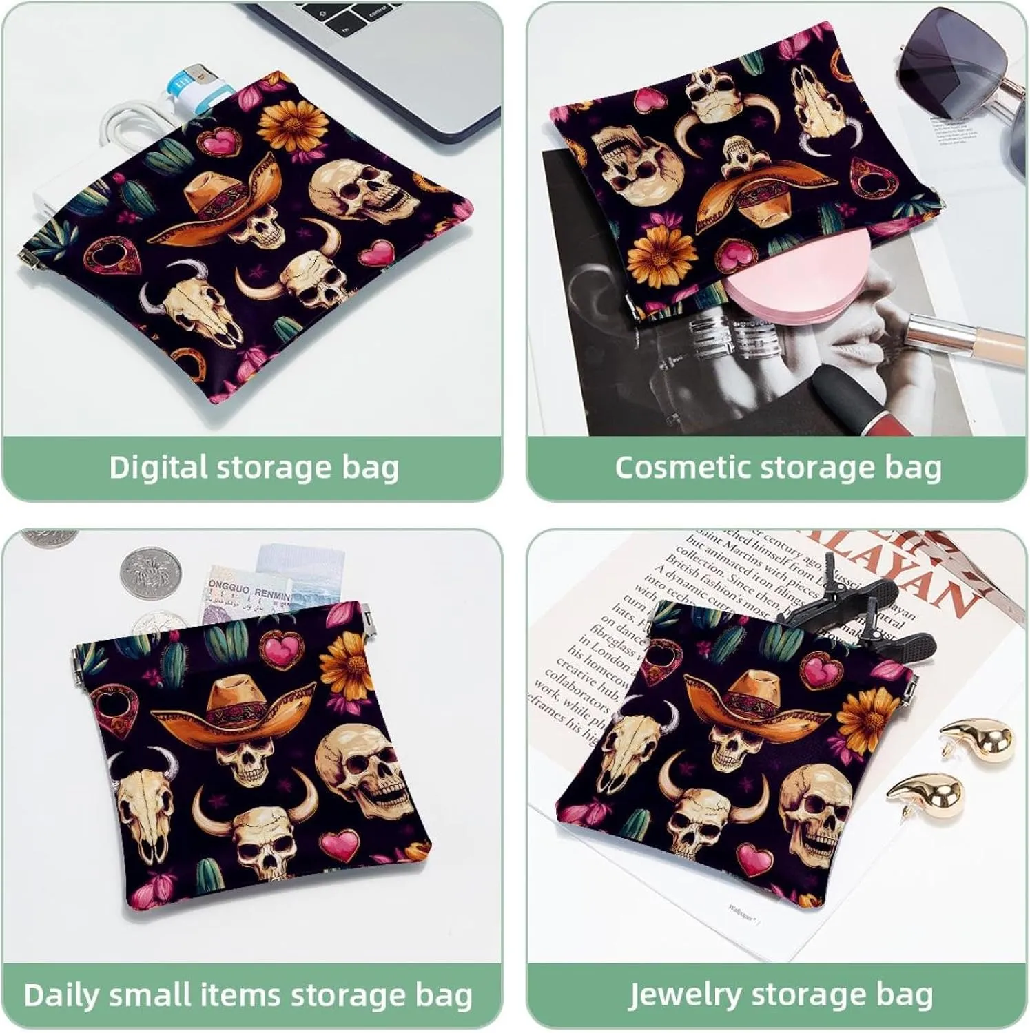 Skull in Mexican Hat Wild West Cactus Horseshoe Heart Pocket Cosmetic Bag, Waterproof Squeeze Makeup Bag No Zipper Self-Closing, Portable Mini Travel Storage for Headphones Jewelry