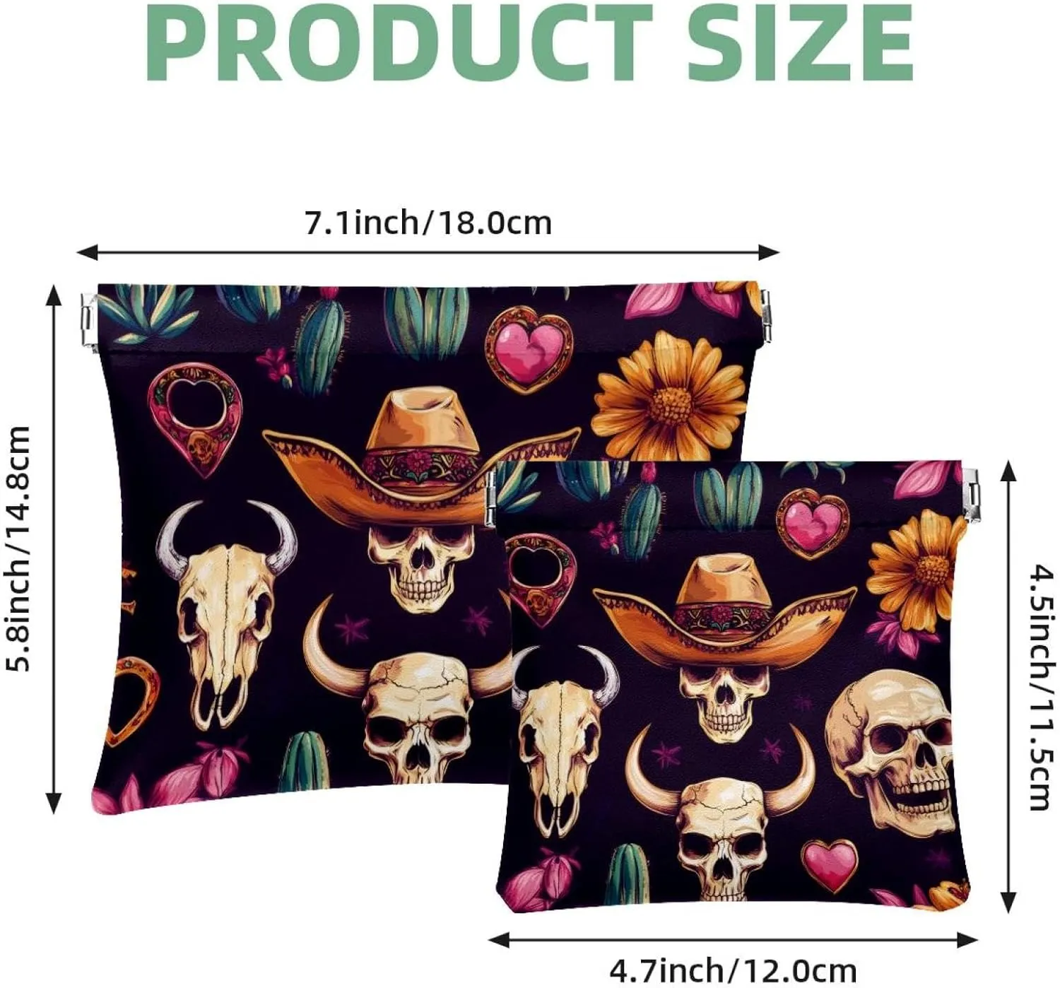 Skull in Mexican Hat Wild West Cactus Horseshoe Heart Pocket Cosmetic Bag, Waterproof Squeeze Makeup Bag No Zipper Self-Closing, Portable Mini Travel Storage for Headphones Jewelry