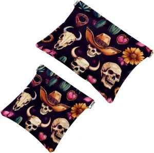 Skull in Mexican Hat Wild West Cactus Horseshoe Heart Pocket Cosmetic Bag, Waterproof Squeeze Makeup Bag No Zipper Self-Closing, Portable Mini Travel Storage for Headphones Jewelry