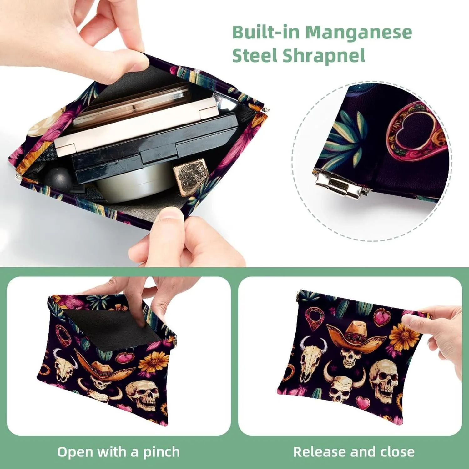 Skull in Mexican Hat Wild West Cactus Horseshoe Heart Pocket Cosmetic Bag, Waterproof Squeeze Makeup Bag No Zipper Self-Closing, Portable Mini Travel Storage for Headphones Jewelry