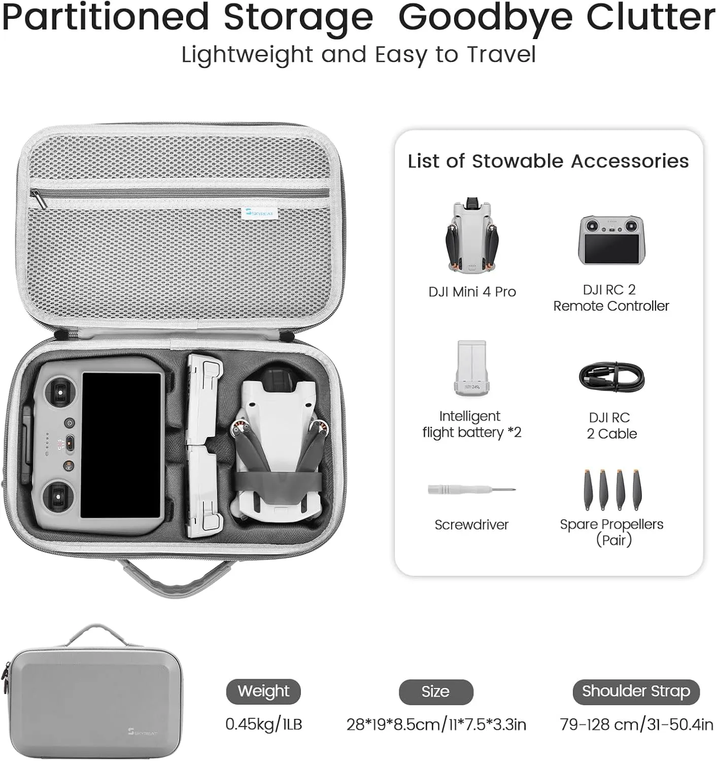 Skyreat Mini 4 Pro Case RC 2, Compact Small PU Shockproof Carrying Case with Shoulder Strap for DJI Mini 4 Pro Drone and Battery Accessories