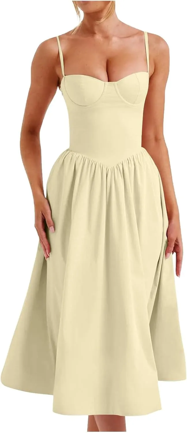 Sleeveless Corset Dress for Women 2024 Elegant Spaghetti Strap Midi Dress Flowy Pleated Hem Low Cut Prom Dresses