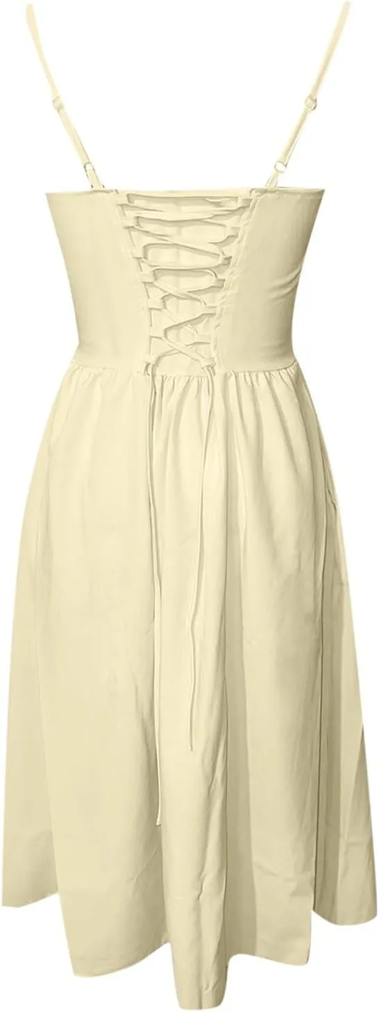 Sleeveless Corset Dress for Women 2024 Elegant Spaghetti Strap Midi Dress Flowy Pleated Hem Low Cut Prom Dresses