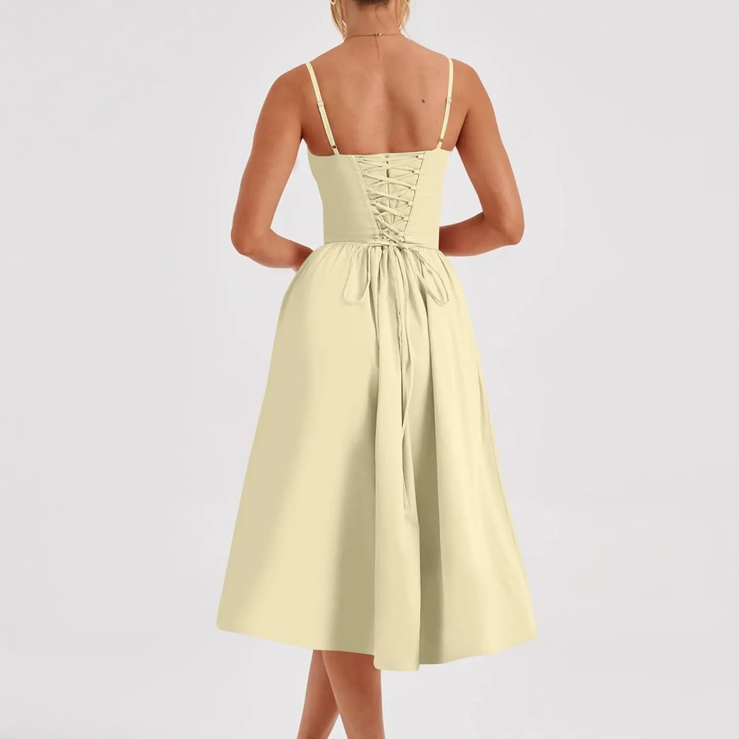 Sleeveless Corset Dress for Women 2024 Elegant Spaghetti Strap Midi Dress Flowy Pleated Hem Low Cut Prom Dresses