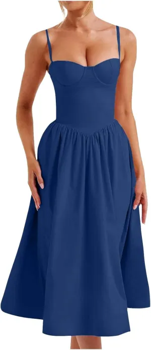 Sleeveless Corset Dress for Women 2024 Elegant Spaghetti Strap Midi Dress Flowy Pleated Hem Low Cut Prom Dresses