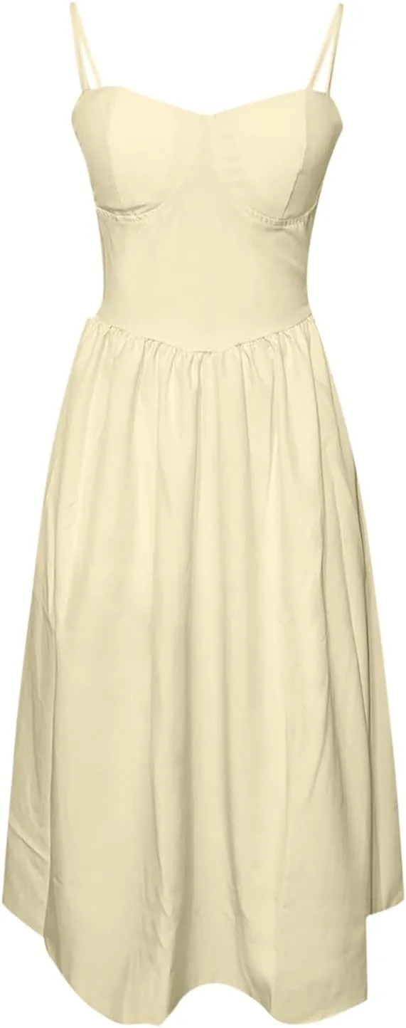 Sleeveless Corset Dress for Women 2024 Elegant Spaghetti Strap Midi Dress Flowy Pleated Hem Low Cut Prom Dresses