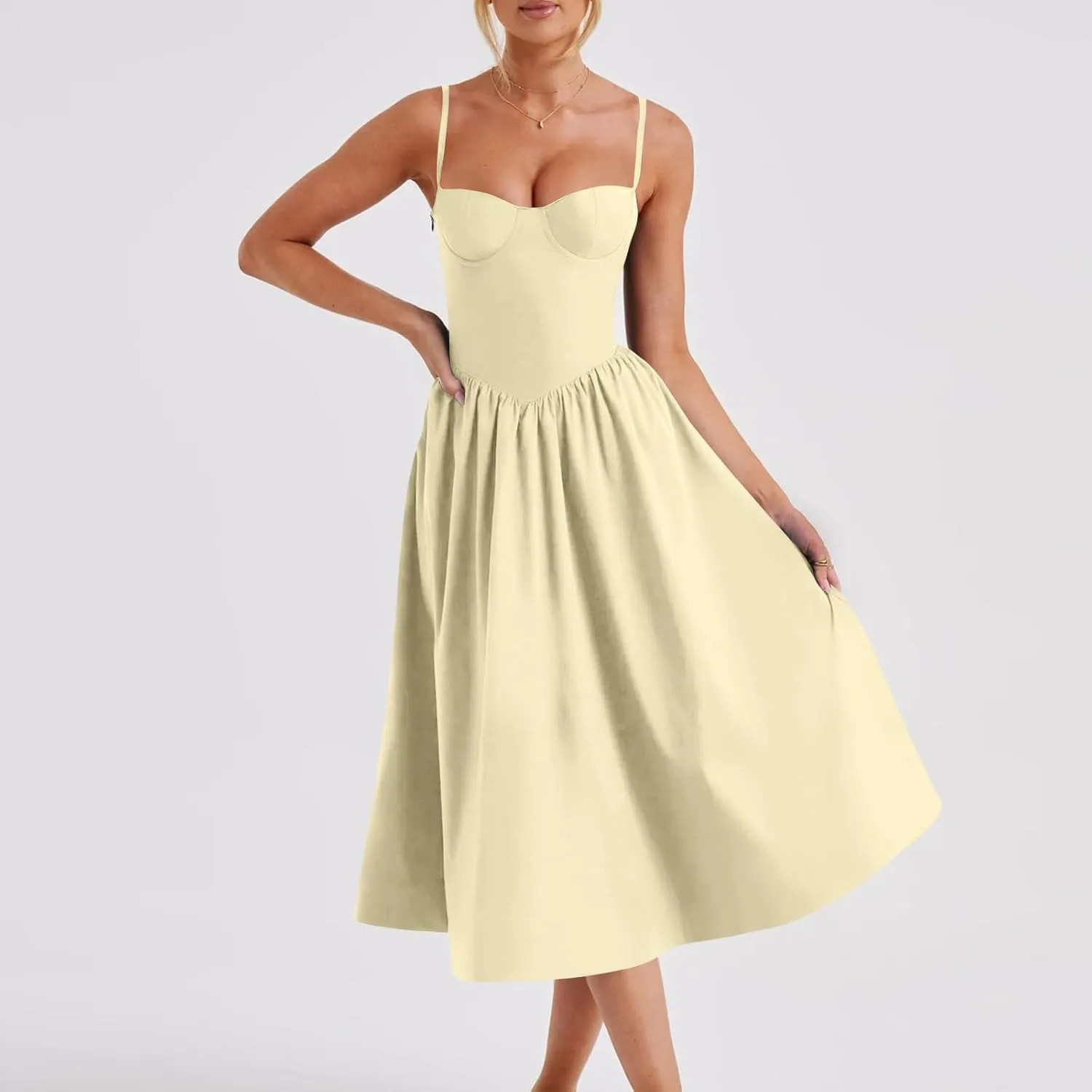 Sleeveless Corset Dress for Women 2024 Elegant Spaghetti Strap Midi Dress Flowy Pleated Hem Low Cut Prom Dresses