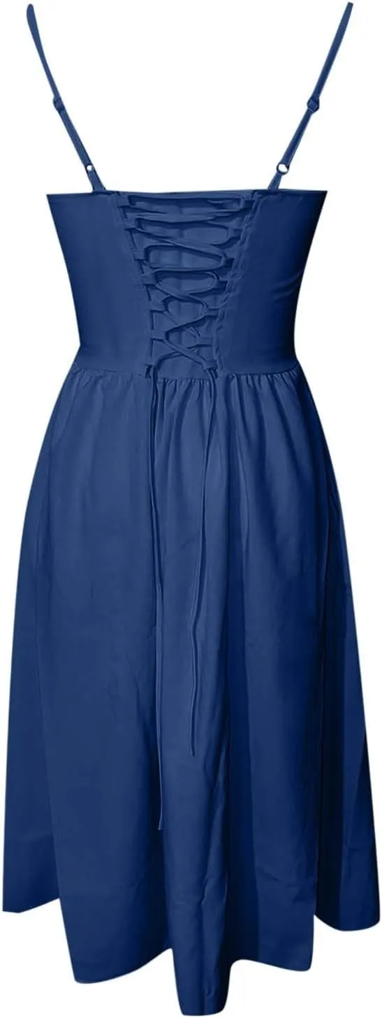 Sleeveless Corset Dress for Women 2024 Elegant Spaghetti Strap Midi Dress Flowy Pleated Hem Low Cut Prom Dresses