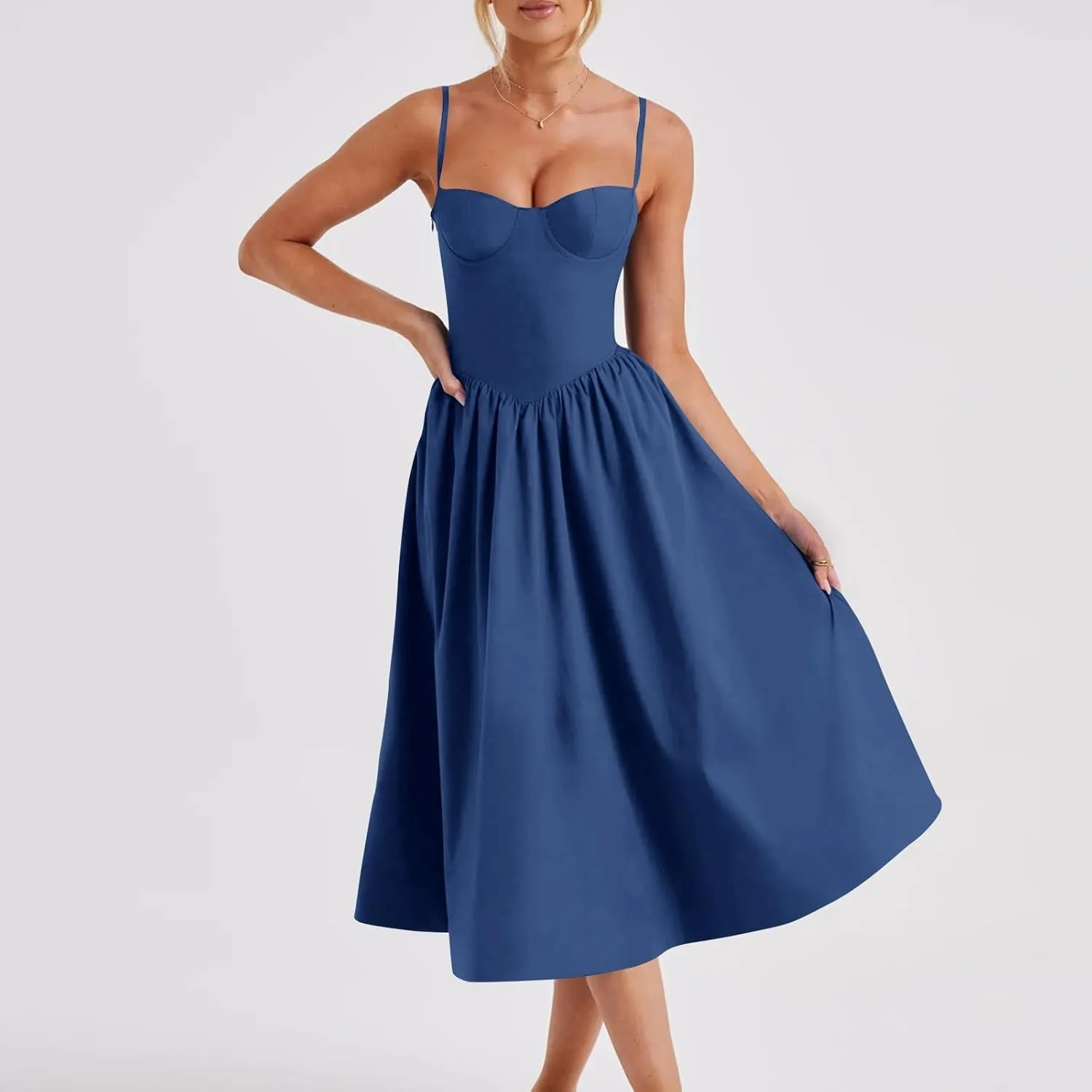 Sleeveless Corset Dress for Women 2024 Elegant Spaghetti Strap Midi Dress Flowy Pleated Hem Low Cut Prom Dresses