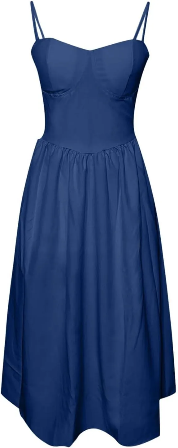 Sleeveless Corset Dress for Women 2024 Elegant Spaghetti Strap Midi Dress Flowy Pleated Hem Low Cut Prom Dresses