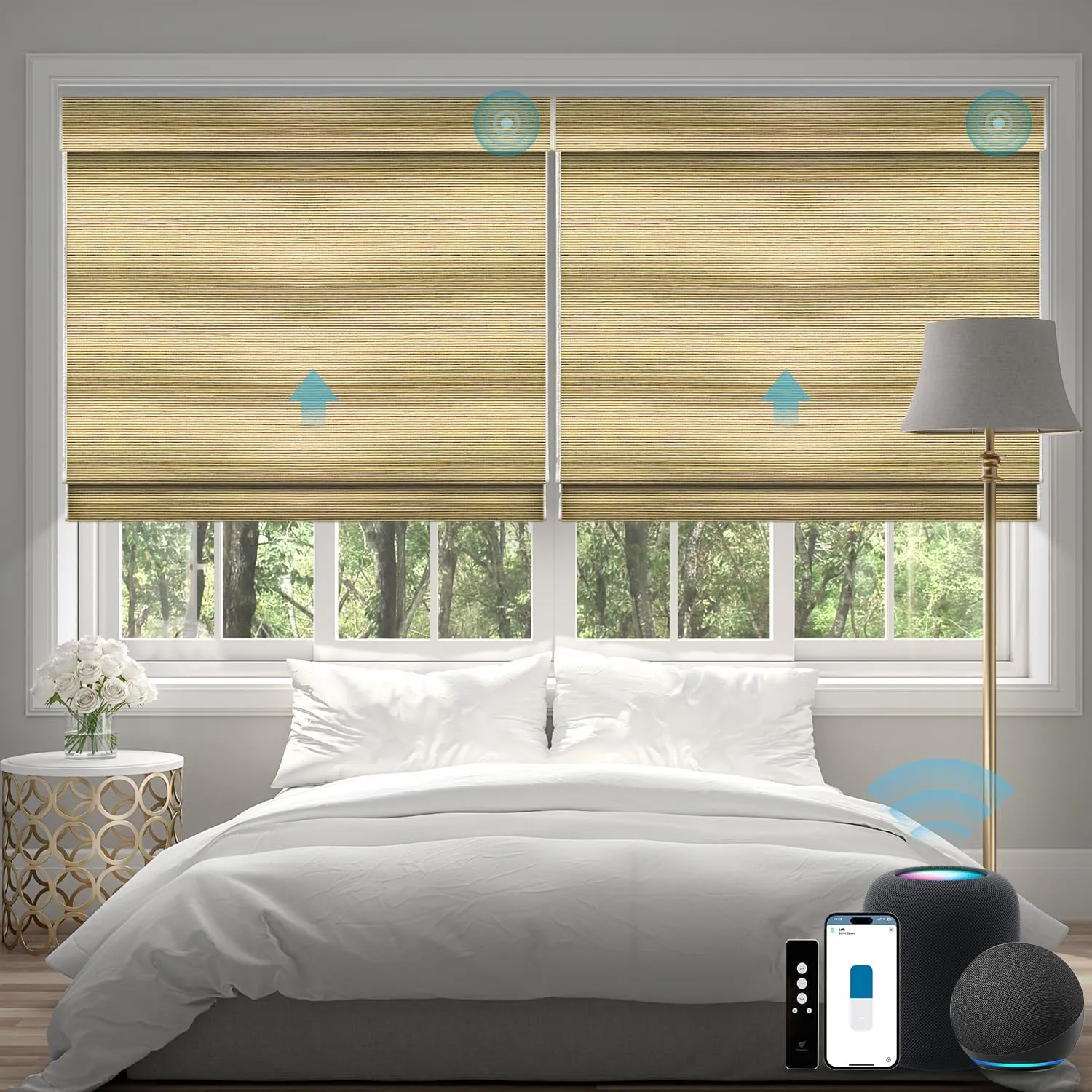 SmartWings Motorized Natural Woven Wood Blinds for Windows, Electric Auto Roman Shades with Remote for Sliding Doors, Compatitable with Alexa/Homekit/Google Home, Customized, Jute Bamboo-019